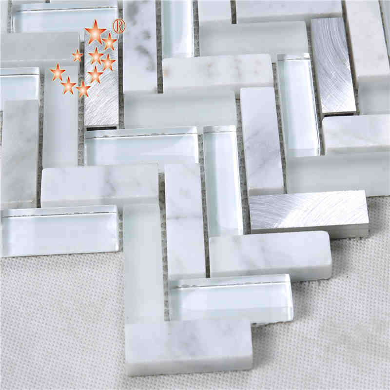 Bán buôn xương cá hình lượn sóng hình dạng tấm kính trắng khảm cho tường phòng tắm nhà bếp