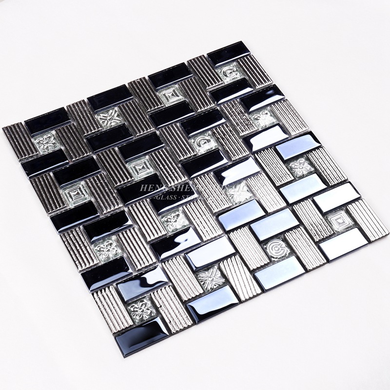 HDT01 12x12 Mô hình vuông Mạ điện màu đen sáng bóng và Sliver Kính óng ánh Gạch ốp tường trang trí