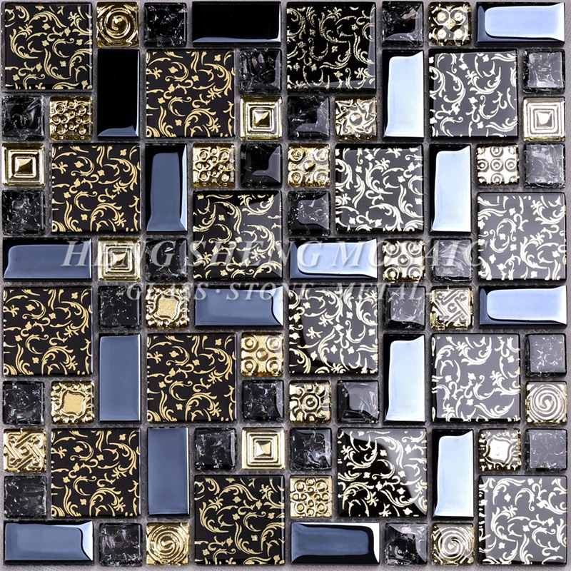 HDT02 Arabesque Thiết kế mới Dòng vàng nhiều lớp Kính đen Nghệ thuật Hoa khảm Gạch cho nhà bếp Tường ốp