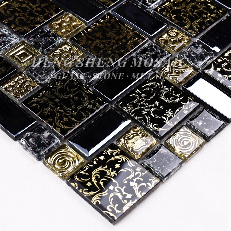 HDT02 Arabesque Thiết kế mới Dòng vàng nhiều lớp Kính đen Nghệ thuật Hoa khảm Gạch cho nhà bếp Tường ốp